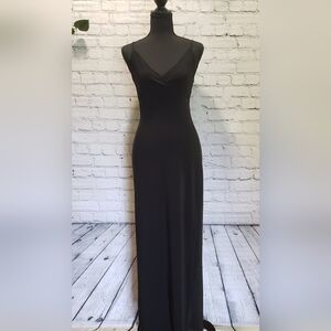 Black Viscous Adjustable Criss Cross Spaghetti Straps Gown w/ Back Bottom Slit.